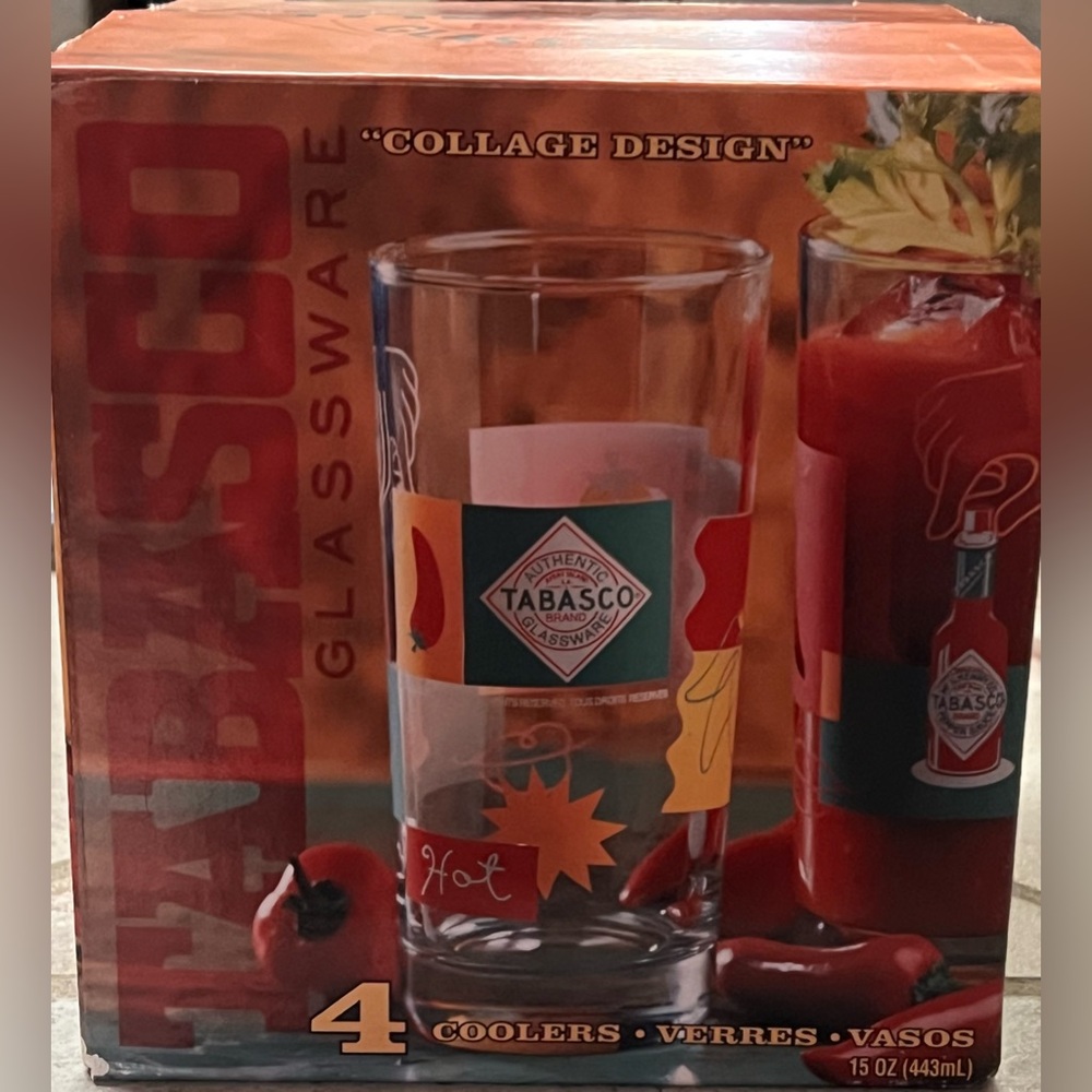 NIB, Tabasco Glassware with Collage Design, set of 4 15oz